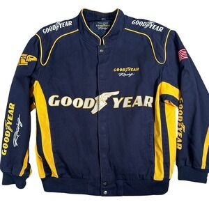 Goodyear Racing Jacket Mens L Navy Blue Yellow Embroidered NASCAR Pit Crew